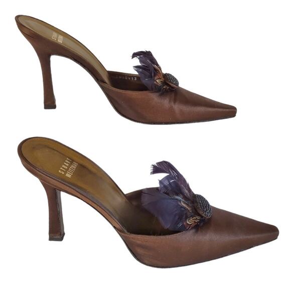 Stuart Weitzman Brown Satin Mule Heels Size 9 Pointy Toes Embellished Feathers - Picture 8 of 12